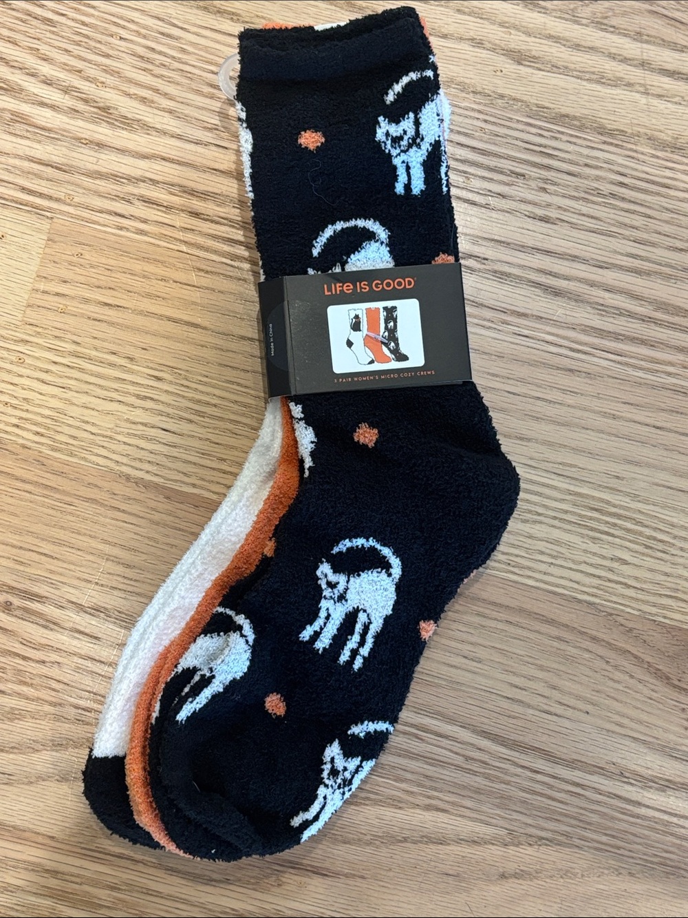 Life Is Good Black Cozy Crew Socks with White Cat and Orange Dot Accents